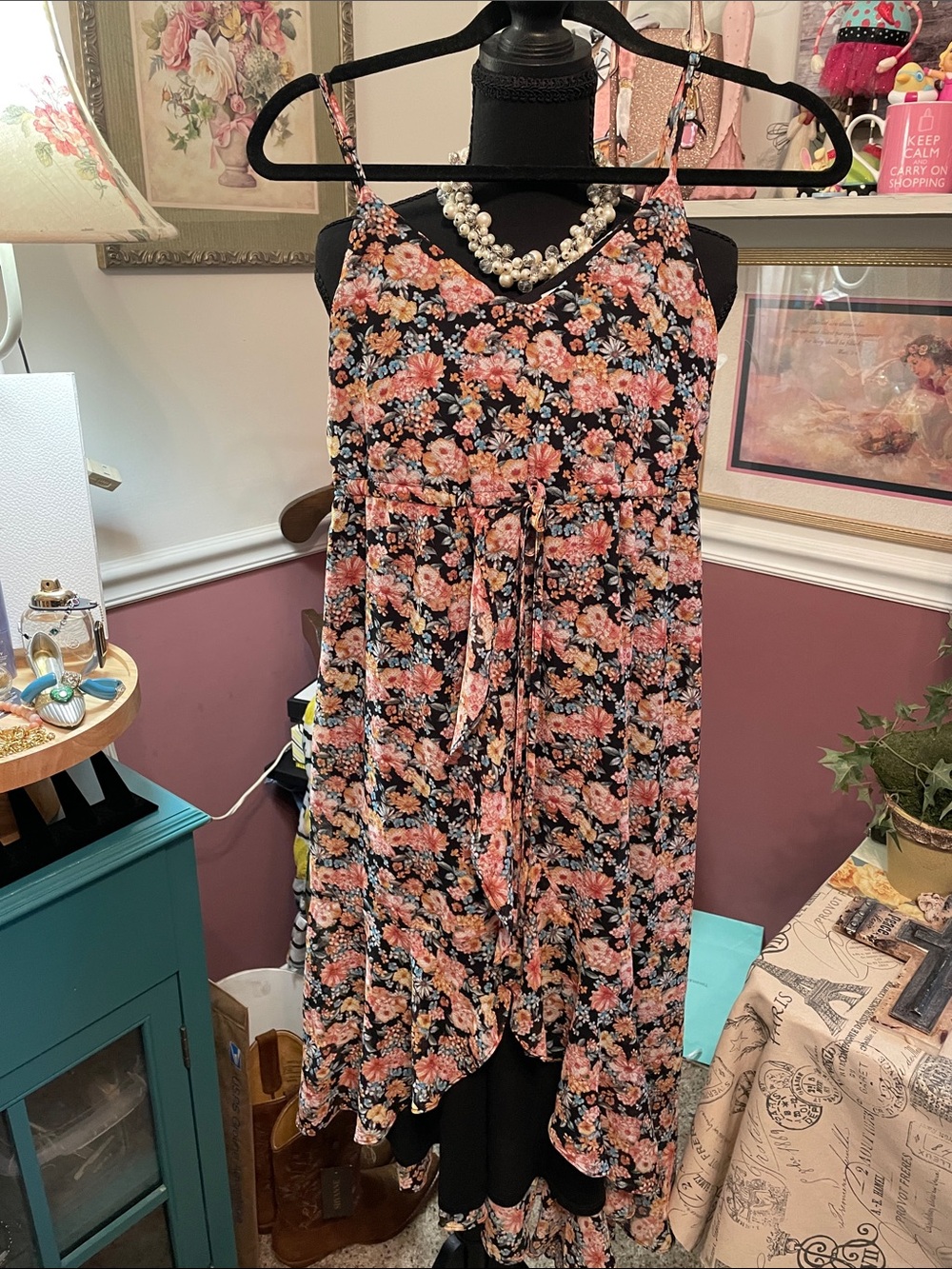 Floral Asymmetrical Maxi Dress - Black with Pink Floral